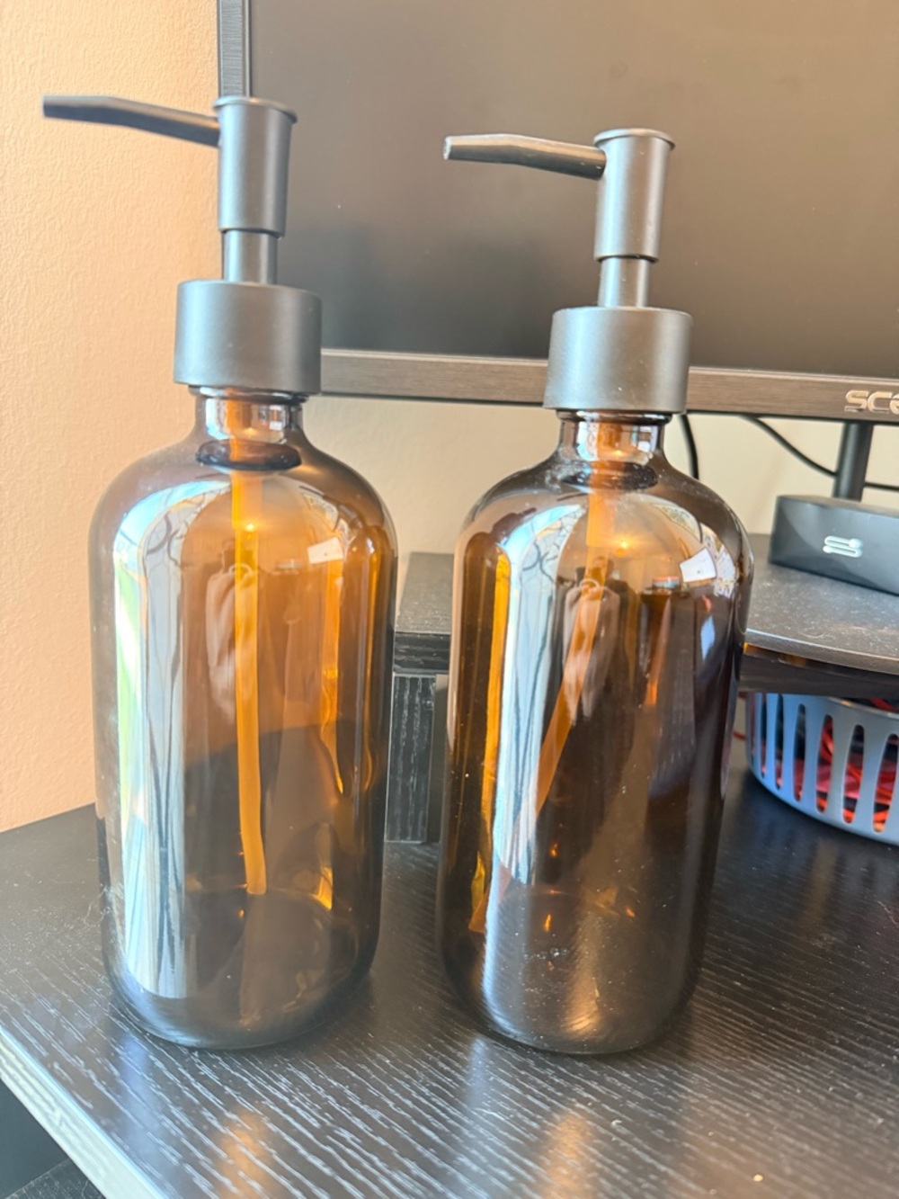 Amber Glass Pump Dispenser Bottle - Set of 2